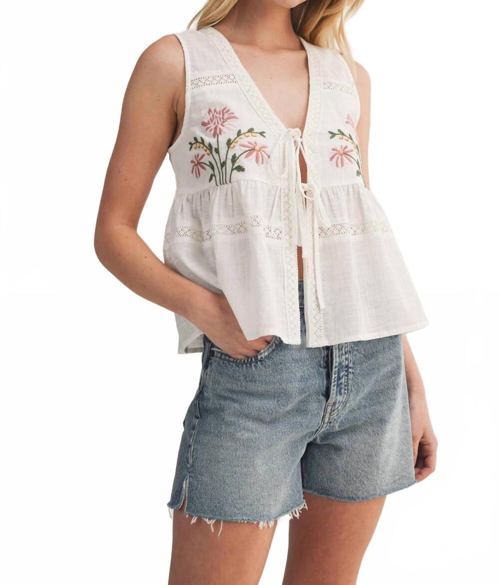 NEW MUSTARD SEED floral embroidered linen vest in white